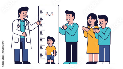 Growth Assessment: A healthcare professional conducts a height measurement for a young patient, alongside family members. This illustration highlights a moment of health and growth.
