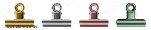Metal binder clips in gold, silver, rose gold and green on transparent background for stationery and design use