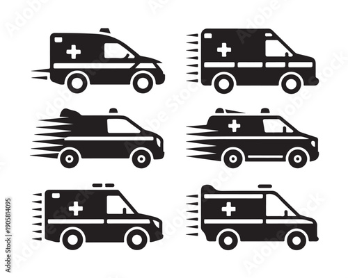 Set of six black silhouette icons representing emergency medical service ambulance vehicles in motion for urgent response transport