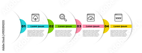 Set line Cloud download, Magnifying glass with check mark, Digital speed meter and Browser window. Business infographic template. Vector