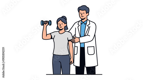 Physiotherapist Guiding Exercise: A doctor helps a woman perform a dumbbell exercise, representing rehabilitation and healthy living.