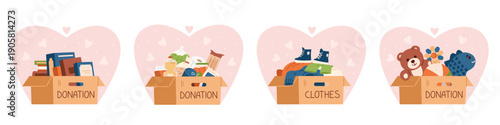 Cardboard boxes with donations books, food, clothes, toys surrounded with hearts flat vector illustrations set.