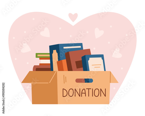 Donation cardboard box with books flat vector illustration.