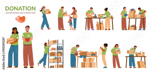 Diverse people volunteers collecting, sorting, giving boxes with food and clothing donations. Charity and donation flat vector scenes set isolated on white.