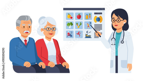 Dietary Guidance: A healthcare professional points at a detailed chart, offering dietary guidance to an elderly couple, highlighting the significance of a healthy lifestyle