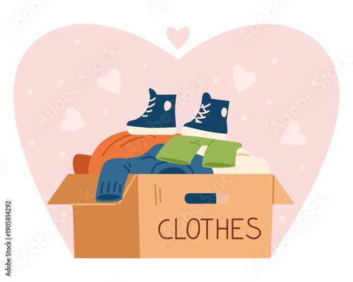 Donation box with clothes and boots flat vector illustration.