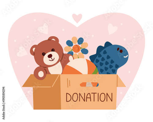 Donation box with children's toys and boots flat vector illustration.
