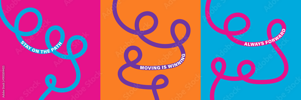 Fototapeta premium Bold wavy line typography with motivational movement quotes on vibrant backgrounds, modern abstract poster design. featuring vibrant colors, flowing wavy curved lines