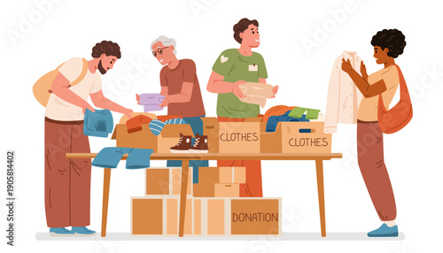 Volunteer helps different people in need to choose clothes among donation boxes flat vector illustration. 