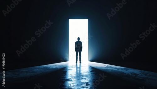 Man Standing in Doorway Emitting Bright Light in Dark Room,Surreal concept