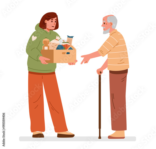Woman volunteer giving donation box with food to senior man in need flat vector illustration isolated on white.