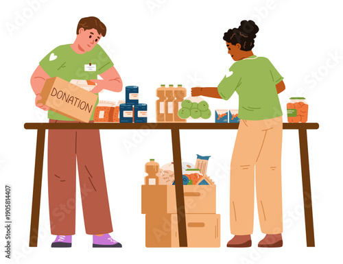 Volunteers sorting food into donation cardboard boxes flat vector illustration isolated on white.