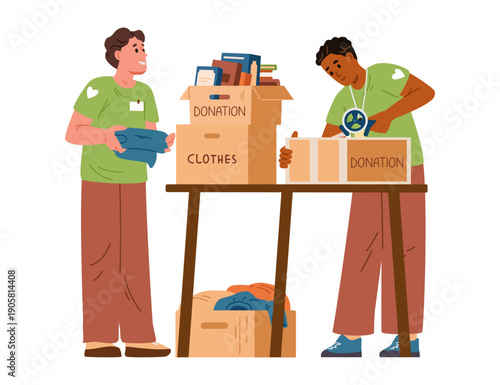Volunteers sorting and packing clothes and books into donation cardboard boxes flat vector illustration isolated on white.