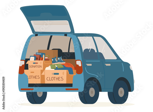 Car with open trunk with donation boxes inside flat vector illustration isolated on white.