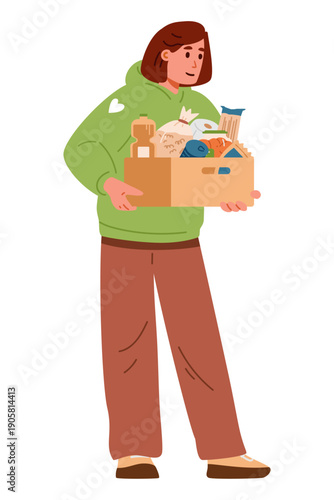 Woman volunteer standing with donation box with food flat vector illustration isolated on white.