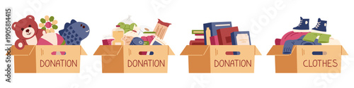 Different boxes with donations toys, food, clothes, books flat vector illustrations set isolated on white.
