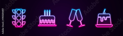 Set line Traffic light, Cake with burning candles, Glasses of champagne and Pudding custard. Glowing neon icon. Vector