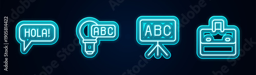 Set line Hola in different languages, Creative lamp light idea, Chalkboard and Briefcase. Glowing neon icon. Vector