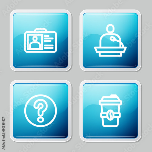 Set line Identification badge, Gives lecture, Speech bubbles with Question and Coffee cup to go icon. Vector