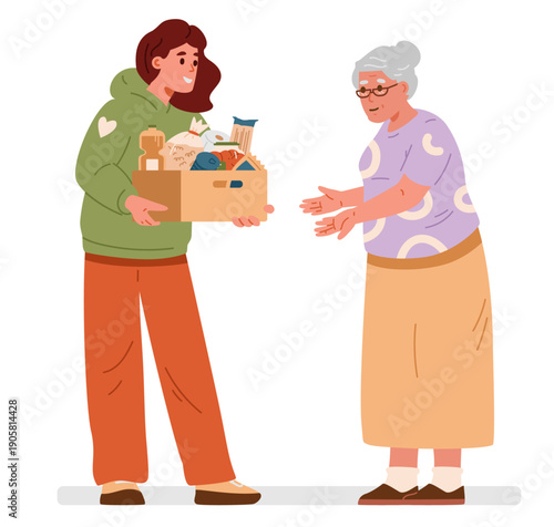 Woman volunteer giving donation box with food to senior woman in need flat vector illustration isolated on white.
