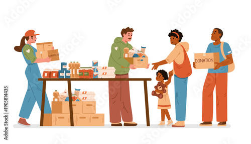 Volunteers giving food donation boxes to African American family in need flat vector illustration.