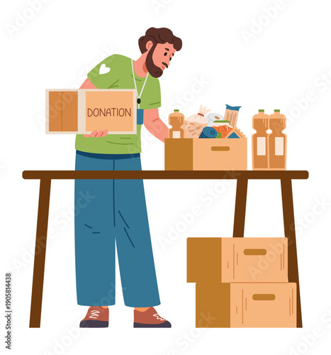 Volunteer standing near table sorting and packing food into donation cardboard boxes flat vector illustration isolated on white.