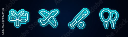 Set line Slingshot, Toy plane, Baseball bat with ball and Balloons. Glowing neon icon. Vector