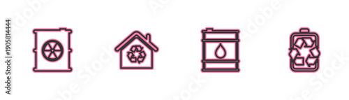 Set line Radioactive waste in barrel, Oil, Eco House with recycling and Battery recycle icon. Vector