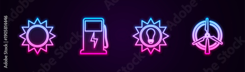 Set line Sun, Electric car charging station, Solar energy panel and Rotating wind turbine. Glowing neon icon. Vector