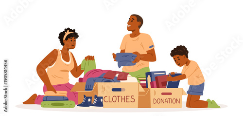 African American family unpacking donation boxes with clothes and books flat vector illustration isolated on white.