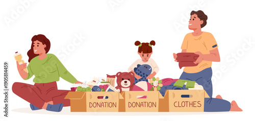 Family unpacking donation boxes with food, clothes and toys sitting on the floor flat vector illustration isolated on white.