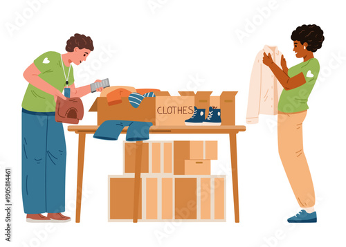 Volunteers sorting clothes into donation cardboard boxes flat vector illustration isolated on white.