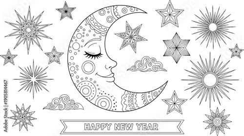 Happy New Year crescent moon with stars and clouds doodle set, celestial mystical elements, cad drawing flat vector illustration, outline.