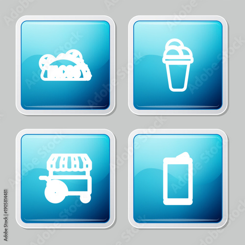 Set line Taco with tortilla, Ice cream, Fast street food cart and Aluminum can icon. Vector