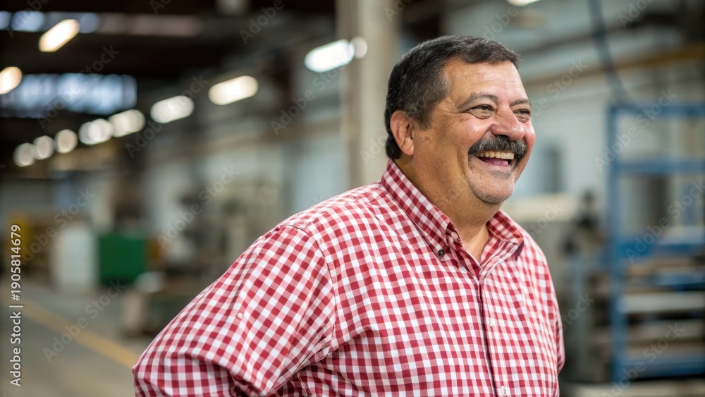 Obraz premium Joyful Man Smiling in Factory Setting with Industrial Background