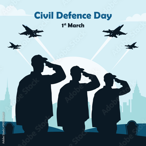 Картината върху платно Civil Defence Day Salute – Professional Military Silhouette with Fighter Jet Fly
