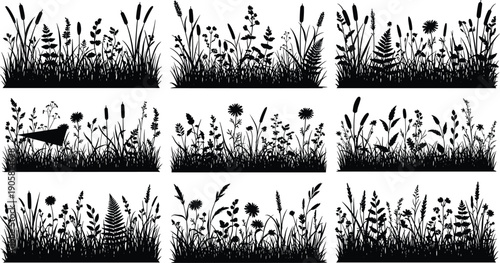 Meadow grass and wildflower silhouette icon set featuring dandelions reeds field plants nature landscape botanical garden floral sketch and weeds,