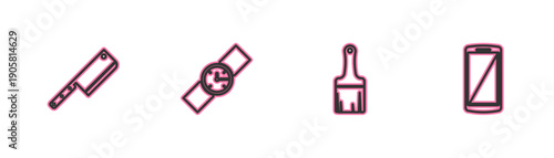 Set line Meat chopper, Paint brush, Wrist watch and Smartphone, mobile phone icon. Vector