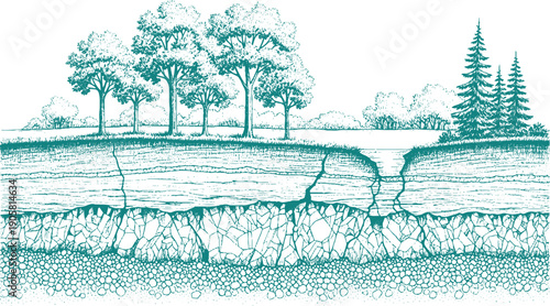 Crosssection of Earth showing a sinkhole and underground cracks.