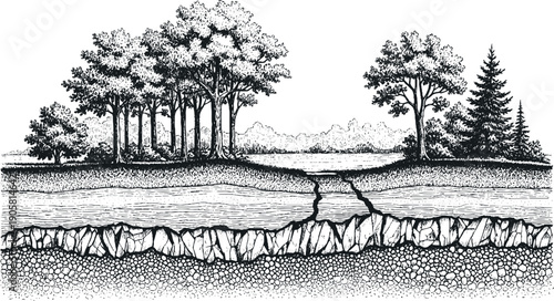 Cross Section of Earth with Trees and Cracked Ground.