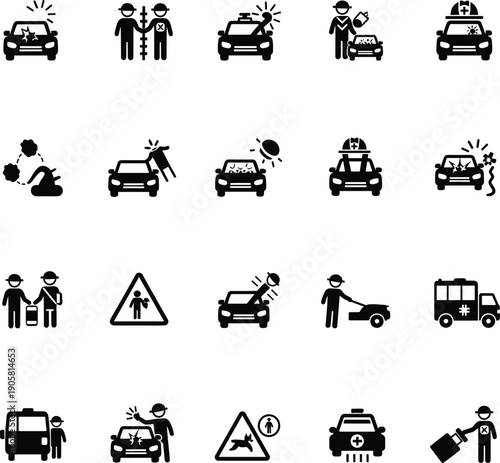 Road accident and traffic police icons set with crash warning and emergency symbols