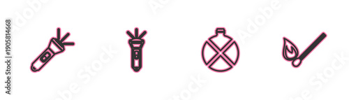 Set line Flashlight, Canteen water bottle, and Burning match with fire icon. Vector