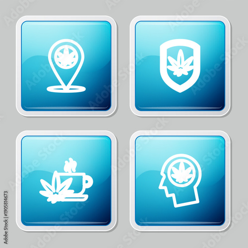 Set line Location and marijuana, Shield, Cup tea with and Head in profile icon. Vector