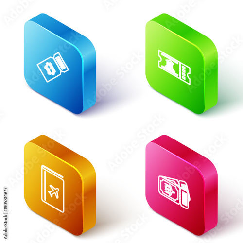 Set Isometric line Bus ticket, Museum, Cover book travel guide and Airline icon. Vector