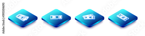 Set Isometric line Train ticket, Museum, and Airline icon. Vector
