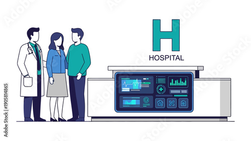 Healthcare Consultation: A doctor explains diagnosis to a couple in a modern medical setting, illustrating trust and care. 