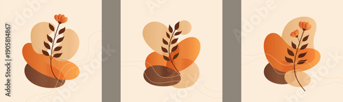 Abstract organic shapes with minimal botanical floral branch in warm earthy tones, neutral colors, modern boho wall art design.