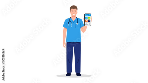 Healthcare Professional Showcasing Tech: A healthcare professional confidently presents a digital health app on a tablet, symbolizing the integration of technology in modern medicine.