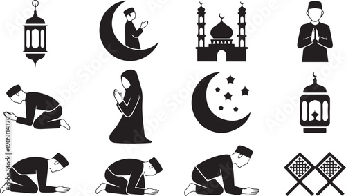 Islamic symbols and prayer positions vector illustration Vector