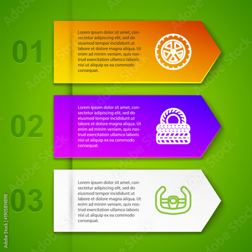 Set line Car wheel, tire, Sport steering and Gear shifter. Business infographic template. Vector